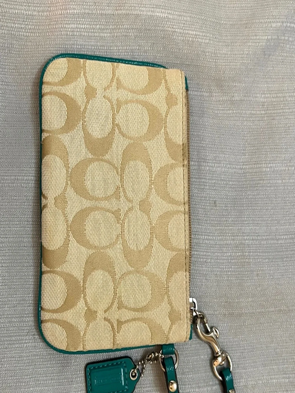 Coach Signature Stripe Wristlet (Style F49174) khaki/bright jade color combo